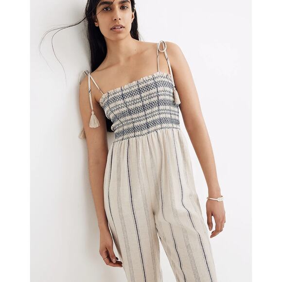Madewell Jumpsuit Smocked Cami Linen Striped Summer Coastal Neutral Cream Gray - Picture 2 of 14